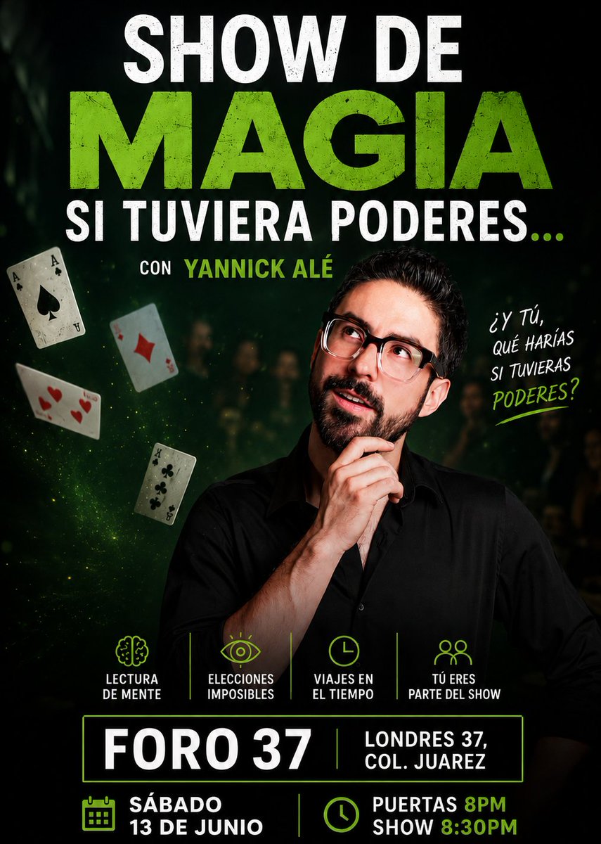 ShurtuLeon's tweet photo. 🪄 ¿Qué harías si tuvieras poderes?

Antes de responder, ven a ver a Yannick Alé en:

✨ SHOW DE MAGIA. SI TUVIERAS PODERES...

📍 Foro 37 🗓️ 13 de junio 🎟️ $350

Boletos: https://t.co/CFE95g8k4m

#YannickAle #ShowDeMagia #CDMX https://t.co/oIaZy2ITsC
