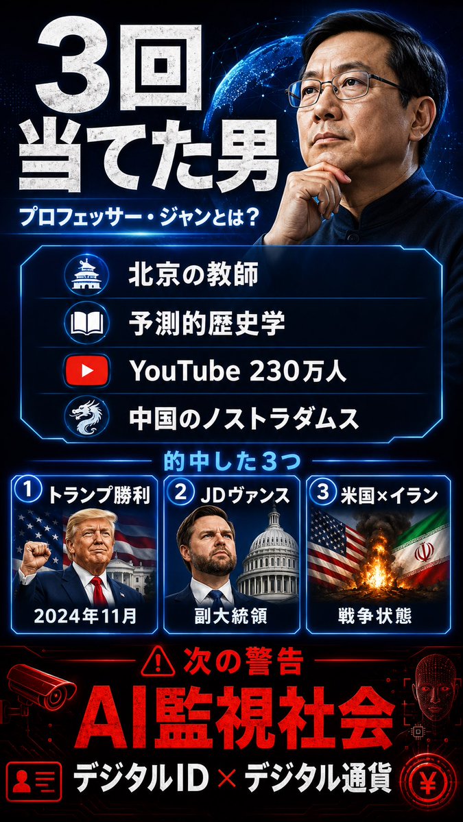 eriny718's tweet photo. ①トランプ当選
②副大統領はヴァンス
③イラン戦争
これを2024年の時点で全的中させた男の「次の予言」、、、。

『本当に怖いのはUFOじゃない。あなたのお金と行動が100%管理される時代が来る』

陰謀論でもなんでもなく、
すでに5000億ドル規模のインフラ計画が進行中です。

日本に営業に来てる監視システム企業の話、知ってますか？

わたしの動画を見てくださってる皆さんはご存知ですよね？！

知らなきゃ損する世界の裏側、動画とnoteで解説してます👁️✨