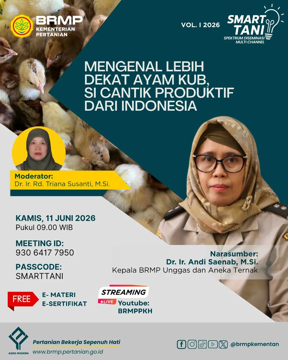 brmpmektan's tweet photo. 📺 Live Streaming:
YouTube BRMPPKH

Mari tingkatkan wawasan dan manfaatkan inovasi peternakan unggas untuk mendukung kemandirian pangan serta meningkatkan peluang usaha peternakan di Indonesia.

#SmartTani2026
#AyamKUB
#brmpkementan https://t.co/ioiypnQOgh