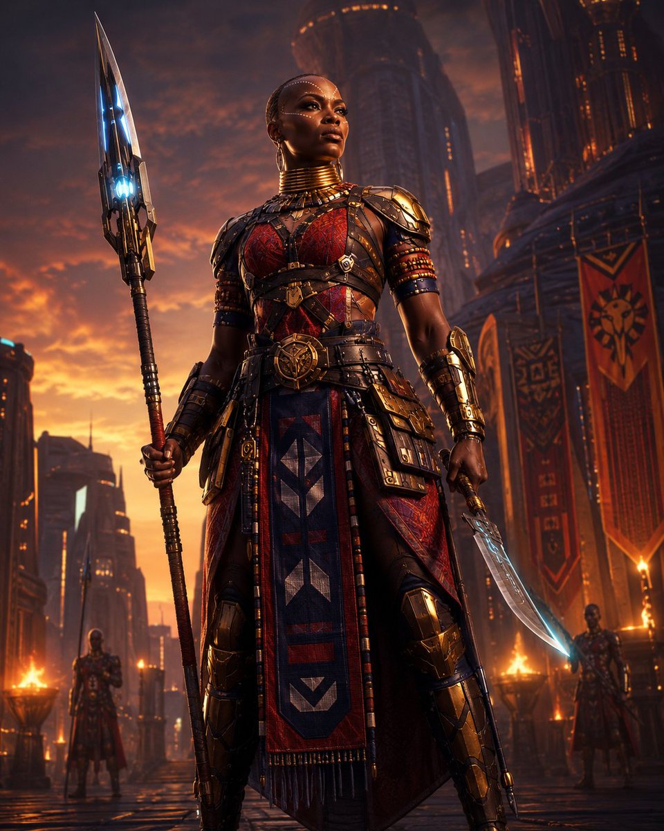wmstoverjr's tweet photo. QT your Female Warrior. ⚔️

I wanted this one to feel regal, disciplined, and dangerous.

She is inspired by the spirit of the Agojie: elite women warriors remembered for courage, training, and battlefield presence. I reimagined that legacy through a futuristic royal guard — armored in gold, crimson, and indigo, standing before a towering city as if she protects more than a kingdom.

She protects a future.

What kind of female warrior would you create?

#SciFiArt #FemaleWarrior