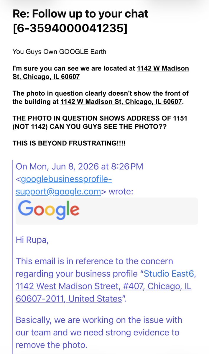 studioeast6's tweet photo. Here is even a better update from @GoogleMyBiz we now have to prove an image someone else posted doesn’t accurately depict our current location. The address clearly depicted in the photo in question doesn’t match our address. What evidence do you all need? Are you all this lazy https://t.co/oLLP66U60u