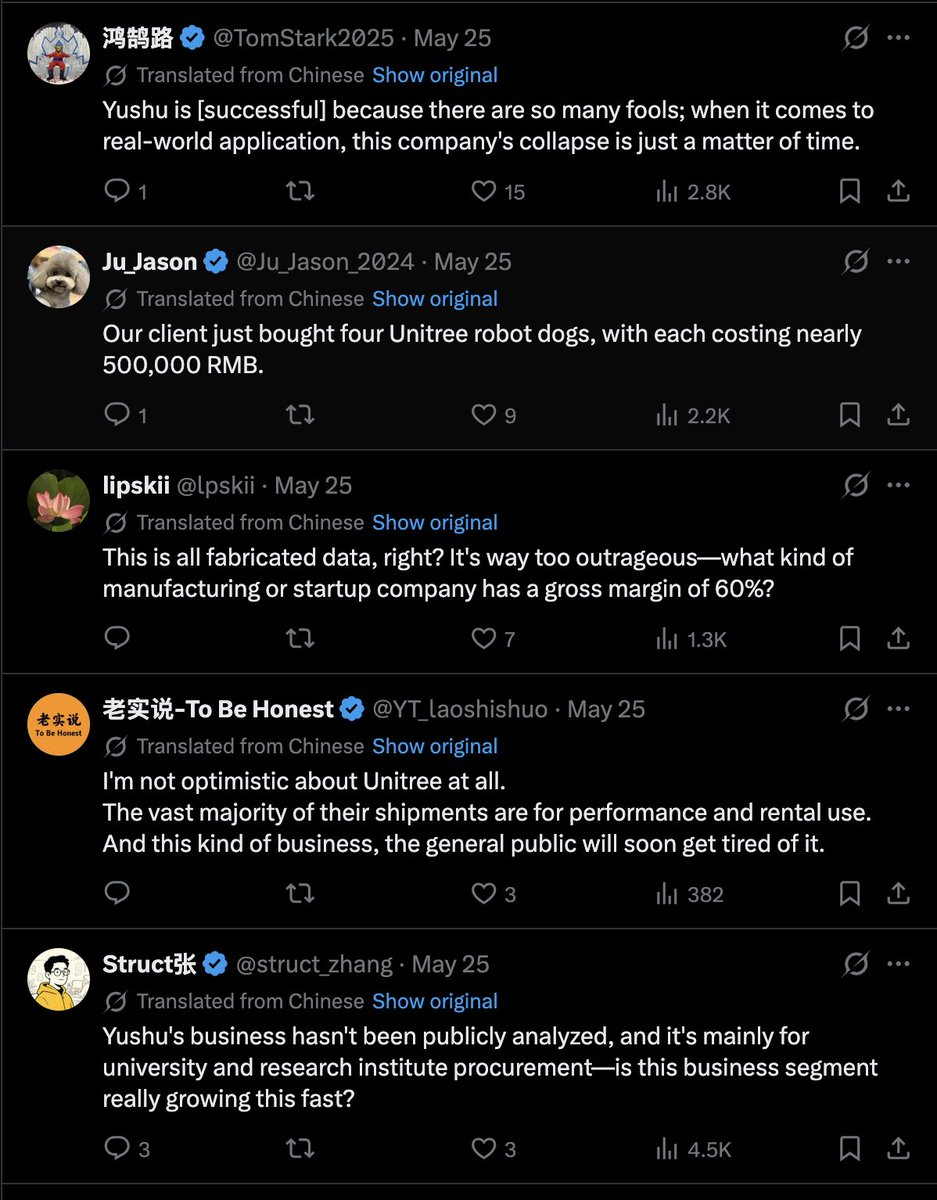 teortaxesTex's tweet photo. Remember Chinese doomers (well, Toronto/NYC Chinese and such) dunking on Unitree because their gross margin is too high and R&amp;D spending is too low? Apparently it's quite enough. Wang Xingxing is not fooling around. https://t.co/ePM9leqzZ1