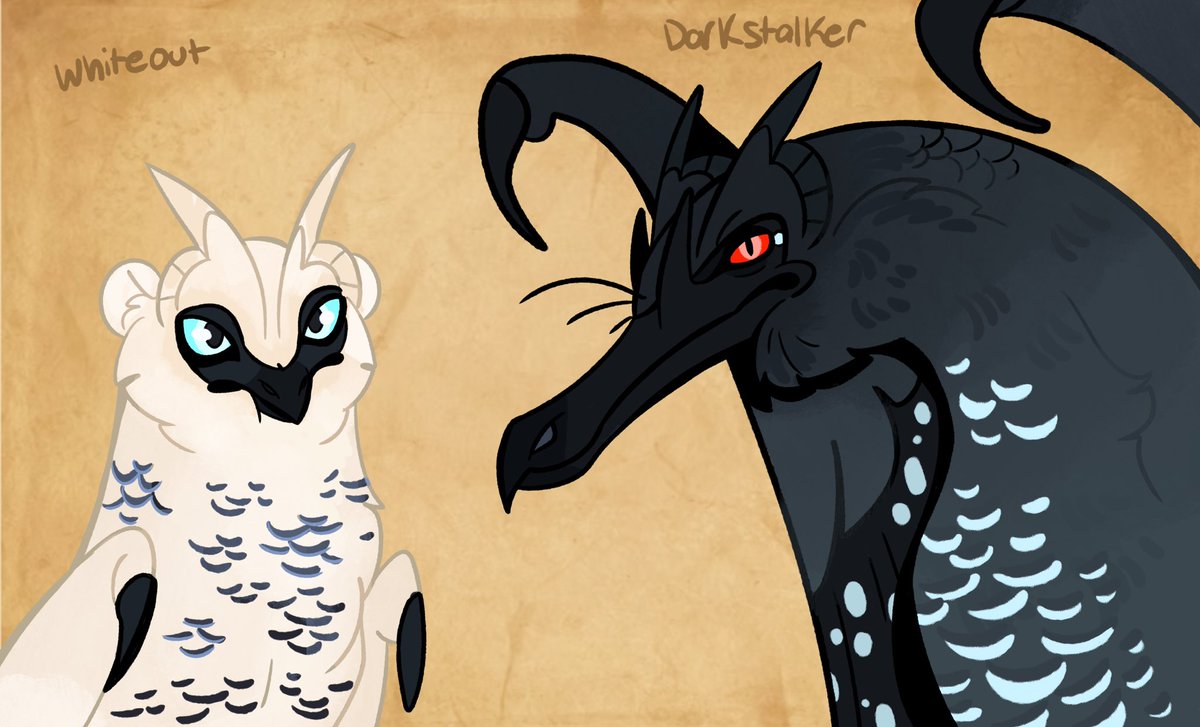 MonsterFangss's tweet photo. Wish granted hehe

Both Darkstalker and whiteout look uncanny to icewings and nightwings alike. Darkstalker, due to his large size, is considered very feminine looking for a male dragon.

Ashamed of his icewings heritage, he often flattens the feathers on his head. https://t.co/TzzpGhHvAx