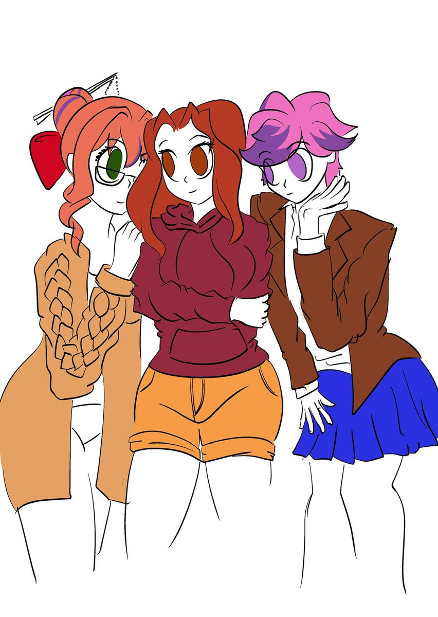 esson_m's tweet photo. Irene had been on my list to draw for ages, so I had to get her done before you left @Latitude_Art

I often take it for granted that people will just be around, and I put off reaching out. So I thought I’d put our OCs together just once. 

And had to throw in @Storyteller_x3 because I haven’t done fanart in ages, and you’re like the face of the DDLC community here.

Wishing you all the best with what you pursue in the future 🫶
