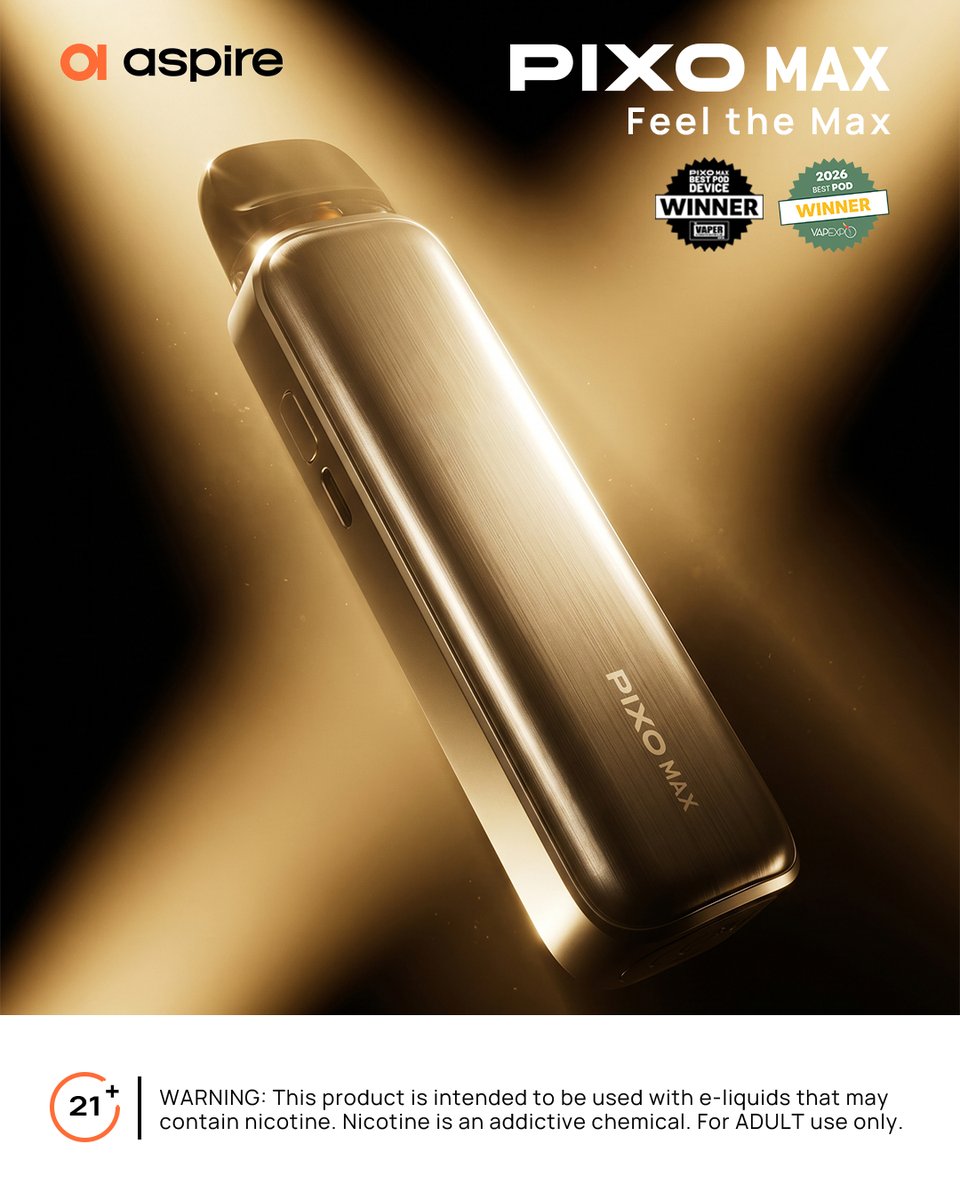 aspirecigs's tweet photo. ✨Award-winning brilliance from France to the UK.
PIXO MAX stands in the spotlight with 🔍 luxurious metal elegance, 🔋 2600mAh endurance, and ⚙Dual Meshed excellence.
#Aspirecig #PixoMax #Pixo #Podsystem #AlwaysAspire
Warning: For 21+ Adults Only! https://t.co/Xya4TnQKD0