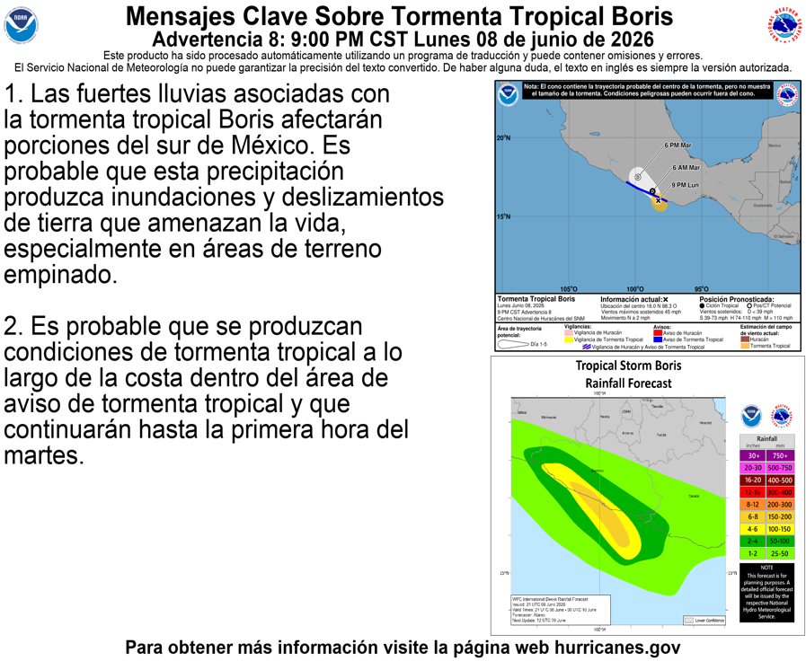 NHC_Pacific's tweet photo. 6/8 9pm CST Tropical Storm #Boris Key messages: Heavy rain will likely produce life-threatening flash flooding for portions of southern Mexico. Tropical storm conditions are occurring along the coast within a portion of the warning area, and should continue through early Tue https://t.co/RNCY079E2x