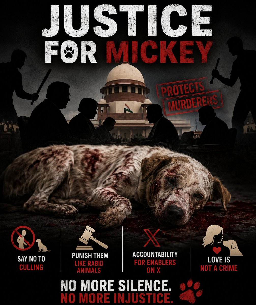 jeevansharya's tweet photo. THE ONLY JUDICIARY SYSTEM IN THE WORLD THAT ENABLES MURDERERS AND PROTECTS THEM IS @indSupremeCourt!

A harmless abandoned dog, Mickey, was beaten to death because some Culprits couldn't get a life!

Yes, every dog hater who calls for culling is an Culprits. That's why they were never taught coexistence or even basic science!

We don't want that pathetic ₹50 justice for this murderer. Allocate the same punishment to these murderers and to the Dog haters on X who enable them, that @indSupremeCourt has prescribed for rabid animals!

If any Culprit wants to cry in the comments by posting SHIT's or any other MC's posts, first undergo what this dog underwent and then comment. If not, don't even bother!

Degrading women because they love a dog simply expresses the fact that no woman has ever loved you!

#NoMore50 #DogHatersareMCs #ABCWorks #StreetDogs #AnimalWelfare #Coexistence #CompassionInAction #JusticeForCommunityDogs #BeTheirVoice #DogsOfIndia #AnimalRights #IndiaForCompassion #IndianArmy #Compassion #StrayDogs #StopHarassingFeeders #WomenFeedersMatter #CommunityDogs #AnimalRights #CompassionIsNotACrime #Mumbai #QuestionTheNarrative #CommunityDogs #ShowTheEvidence #AnimalRights #TruthMatters #FactCheck #StopMisinformation #CommunityDogs #ConservationNotPropaganda #ReadBeforeYouShare #AnimalRights #CompassionForAll
@indSupremeCourt @FIAPOIndia #StopAnimalCruelty #BeKindToAnimals #AnimalRights #saveindiafromdoghaters #JusticeForStrays #StopAnimalCruelty #Accountability #AmendPCA #NoMore50 #SaveIndianDogs #AwaraNahiHamaraHai
@rashtrapatibhvn @THaPriYa123 @JahnaviIyer
@dilthi_gujarati #SaveIndianDogs #SCReverseTheOrder #stopdogcruelty