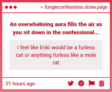 fahconfessional's tweet photo. "I feel like Enki would be a furless cat or anything furless like a mole rat" https://t.co/MLe2eNgHyu
