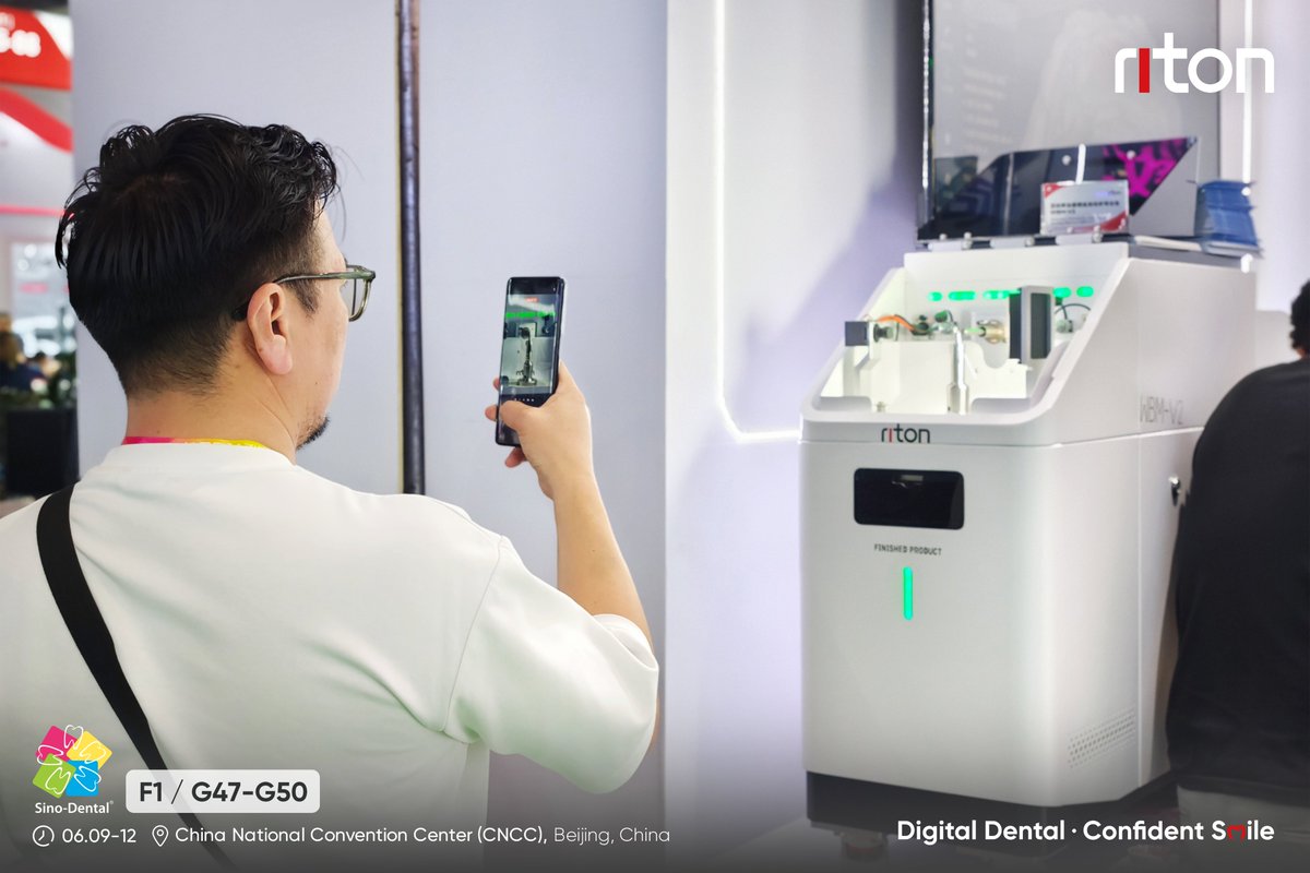 Riton3DTech's tweet photo. Day 1 at the Sino-Dental 2026!  
Riton Booth G47–G50 at F1 Area showcased: 
• Wire bending machine 
• Metal / Resin 3D printer 
• Integrated wire + denture workflow 
Hands-on demos and live discussions with dental professionals made the day a success. 
#Riton3D #DigitalDental https://t.co/8SnLZXhyEq