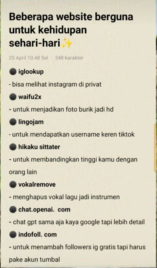 PotusVitalvodur's tweet photo. Thread kecil buat yang suka nemu website random tapi berguna 👀

Di list ini ada yang bisa bantu cek username, bikin foto jadi lebih HD, sampai hapus vokal lagu jadi instrumental. Ada yang pernah pakai salah satunya?

Paling penasaran sama yang mana? Atau punya rekomendasi website lain yang underrated tapi kepake banget sehari-hari?