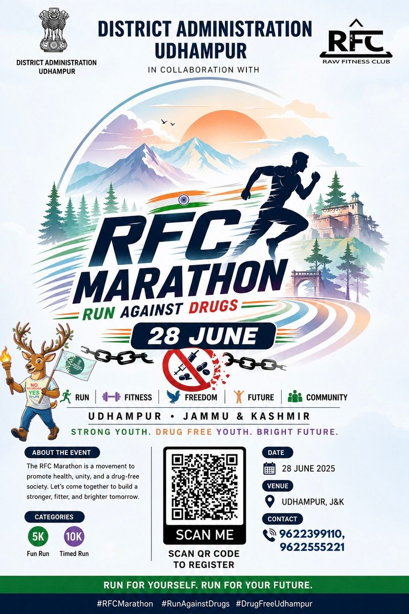 dioudhampur's tweet photo. Youth are the strength of our nation. 💪
Run for fitness. Run for freedom. Run for the future.
Join the RFC Marathon – Run Against Drugs and stand for a drug-free society.
📅 28 June 2025
📍 Udhampur, J&K
#RunAgainstDrugs #RFCMarathon #YouthPower #DrugFreeIndia #FitIndia https://t.co/3wr2tY7oTV