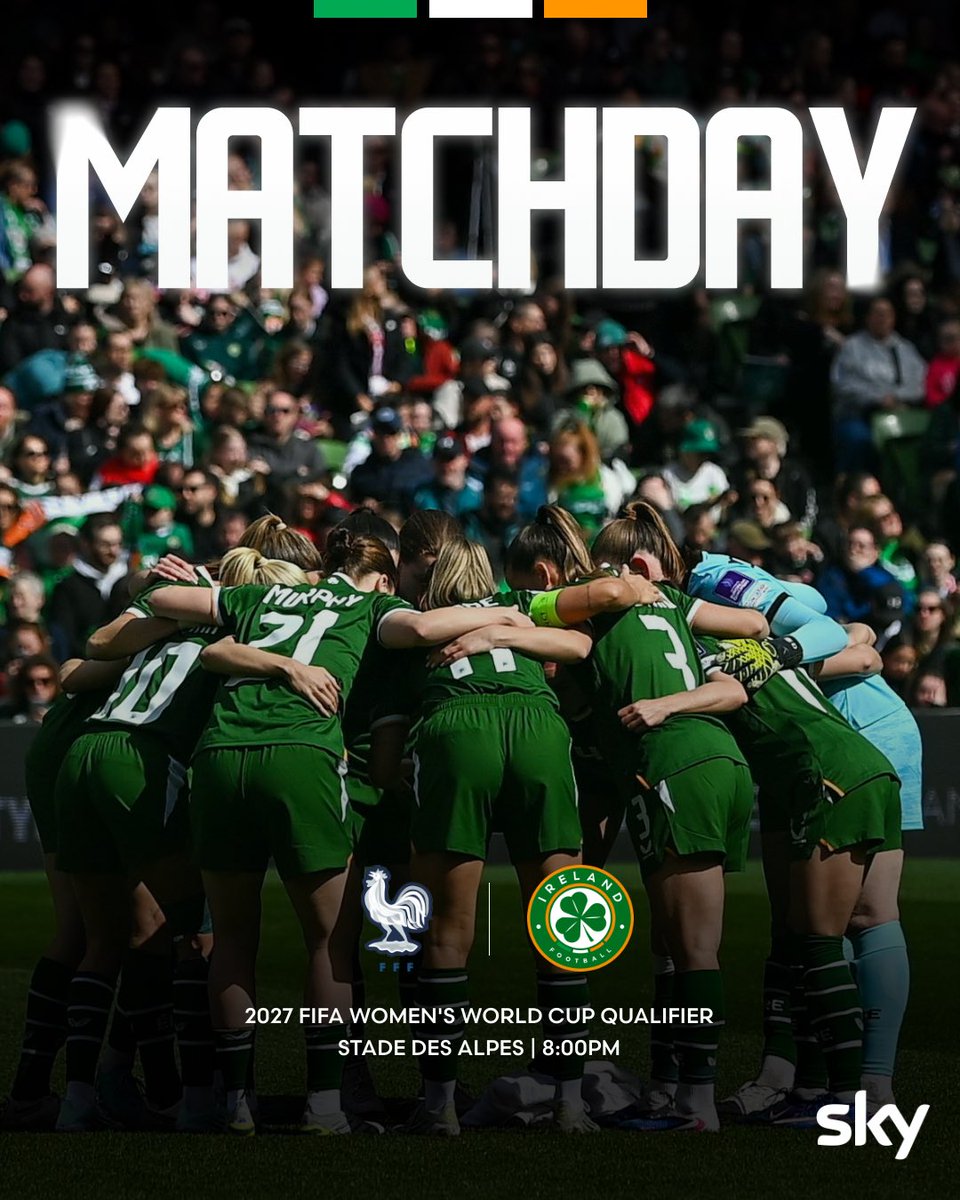 IrelandFootball's tweet photo. MATCHDAY ☘️

One more… 

🇫🇷 vs 🇮🇪 
⏰ | KO 8:00pm (Irish time)
📍 | Stade des Alpes, Grenoble 
💻 | LIVE on RTÉ 2 / RTÉ Player

#COYGIG https://t.co/2m9JegUJUe