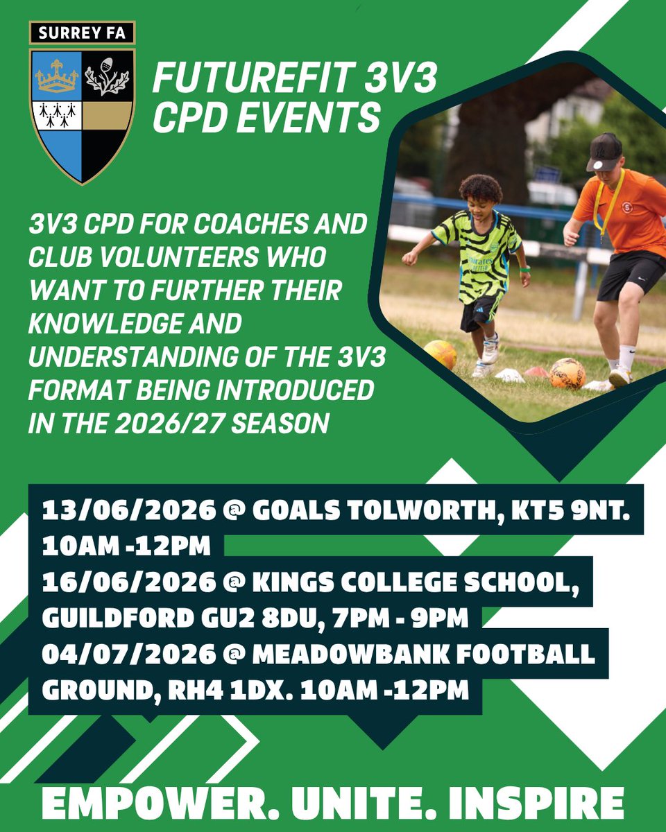 surreyfa's tweet photo. Looking to develop your understanding of the 3v3 format and discover how small-sided games can maximise player engagement, decision-making and development?

📍 Kings College School, Guildford, GU2 8DU
📅 Tuesday 16th June 2026
⏰ 7:00pm – 9:00pm

https://t.co/C9XPsmut1Z https://t.co/nJ6ubPnFzV