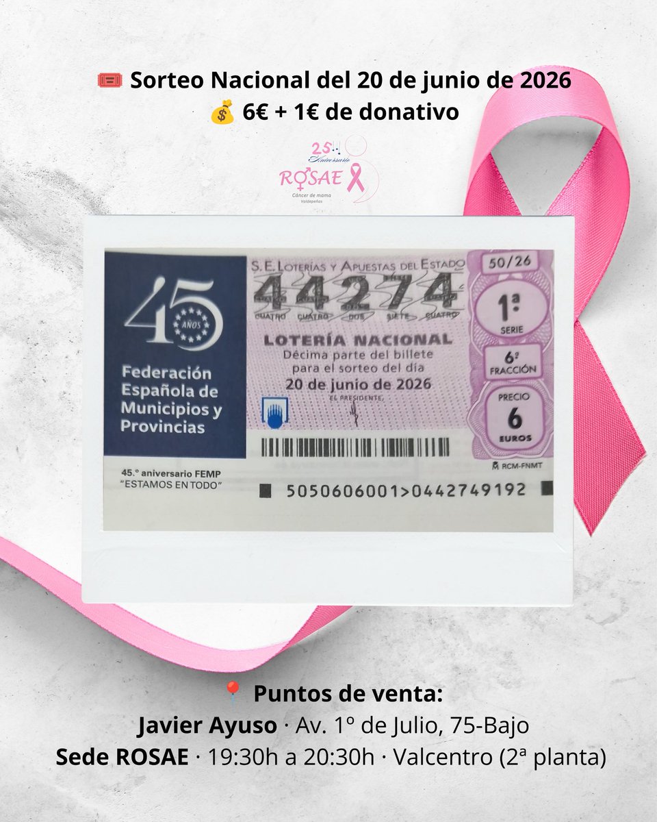 rosaeorg's tweet photo. 💗✨ Sorteo Nacional del 20 de junio con ROSAE

🎟 6€ + 1 € de donativo

📍 Puntos de venta: • Reparación de Calzado Javier Ayuso Av. 1º de Julio, 75-Bajo • Sede de ROSAE 🕕 19:30–20:30h · Valcentro (2ª planta)

 #LoteríaROSAE #Valdepeñas https://t.co/v78ZCAldgT