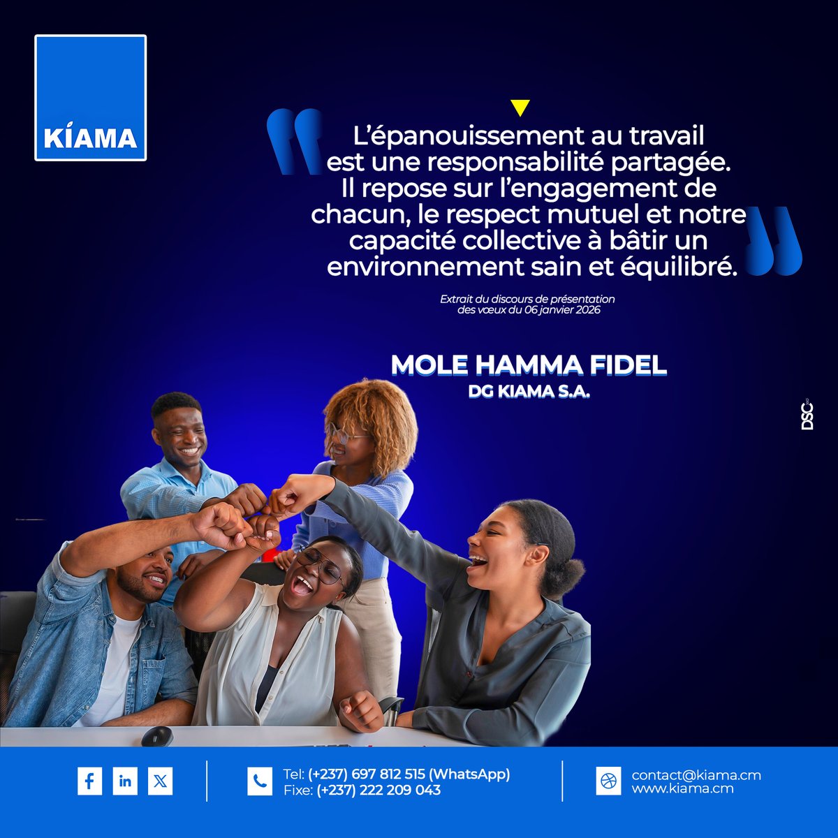 kiamacm's tweet photo. L’épanouissement au travail se construit chaque jour grâce à l’engagement de chacun, au respect mutuel et à notre volonté commune de bâtir un environnement sain et équilibré.

 KIAMA S.A. vous souhaite une excellente semaine !

#KIAMA #Cameroun #ExcellenteSemaine https://t.co/MTqyxs62Fy