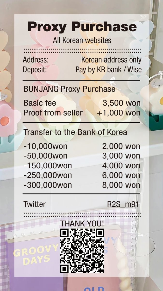 R2S_m91's tweet photo. 🇰🇷 한국 대리 구매 🇰🇷
🌼 Korea Proxy Purchase 🌼

All Korean websites

⭐ Fee 2,000 KRW
📌 KR address only
📌 Pay: Wise (+1,000 KRW) / KR bank

💌 Contact KKT
https://t.co/sUY1Q4sKXW

Musinsa Bunjang OliveYoung Aladin Yes24 Soundwave Withmuu Everline Weverse SMstore JYPshop https://t.co/WO1JICMY66