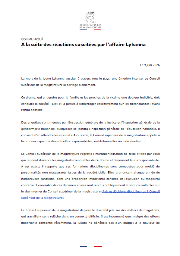 CSMagistrature's tweet photo. 🗞️ Communiqué du Conseil supérieur de la magistrature 🗞️  

A la suite des réactions suscitées par l'affaire Lyhanna https://t.co/dRL9YnpUbf