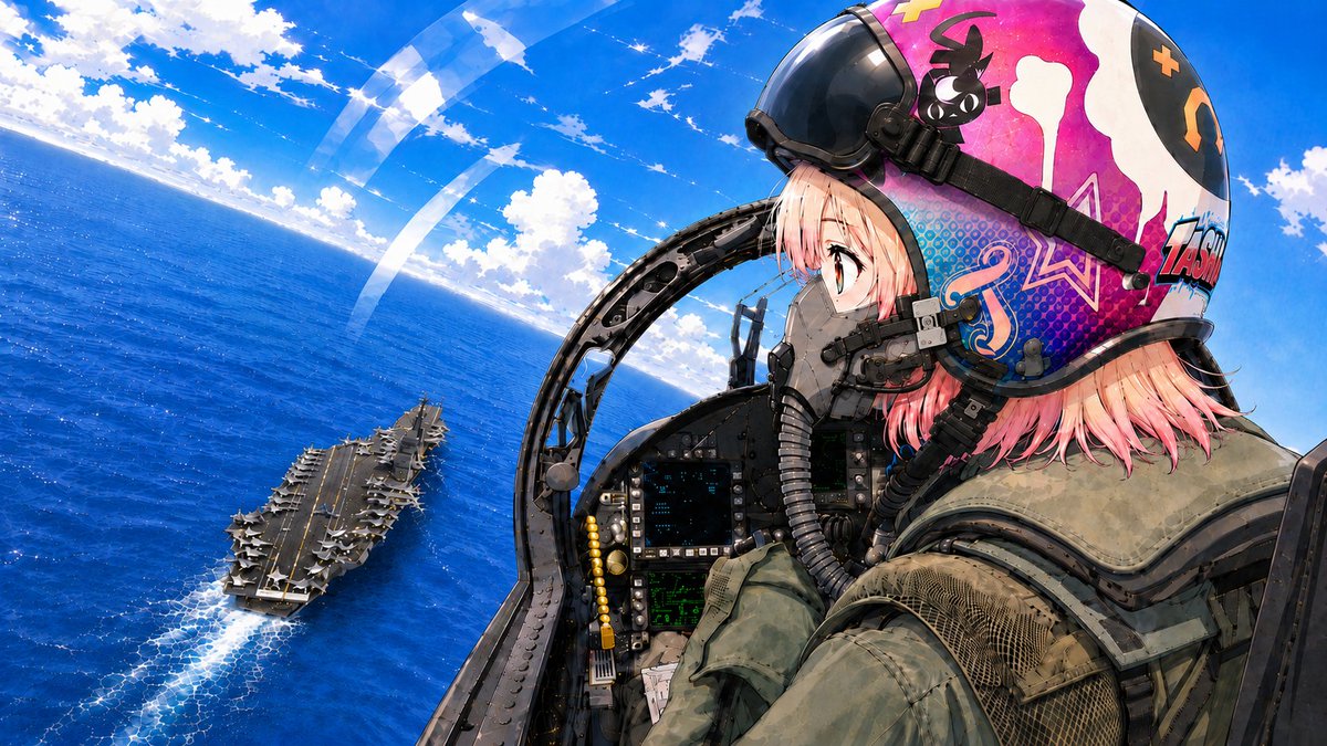 yuancommissar's tweet photo. TASHA仕様のヘルメットで、空母上空を飛ぶシーンを制作してみました。

青い海と甲板を見下ろす、艦載機パイロット視点の構図です。
それにしても、TASHAヘルメットのデザインはやっぱりめちゃくちゃかっこいいですね。
#AceCombat #AceCombat8 #Tasha #Fanart #Aircraft #Carrier #戦闘機 #軍艦 https://t.co/hTjR1VUnMr
