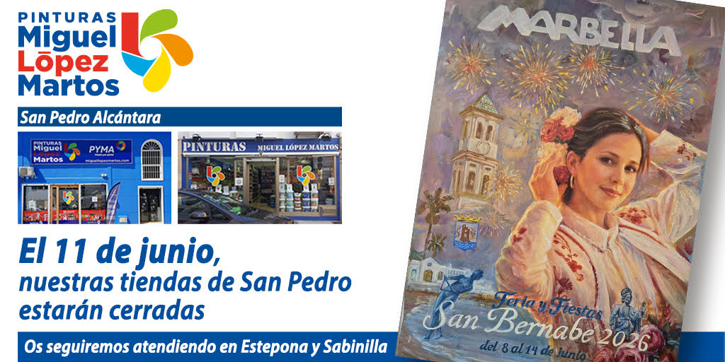 mlopezmartos's tweet photo. El  jueves, 11 de junio, se celebra la festividad de San Bernabé, patrón de todo el municipio de Marbella por lo que nuestras tiendas de San Pedro Alcántara permanecerán cerradas. En Estepona y Sabinillas estarán abiertas con nuestro horario habitual, te esperamos. https://t.co/itkz2LOfXP