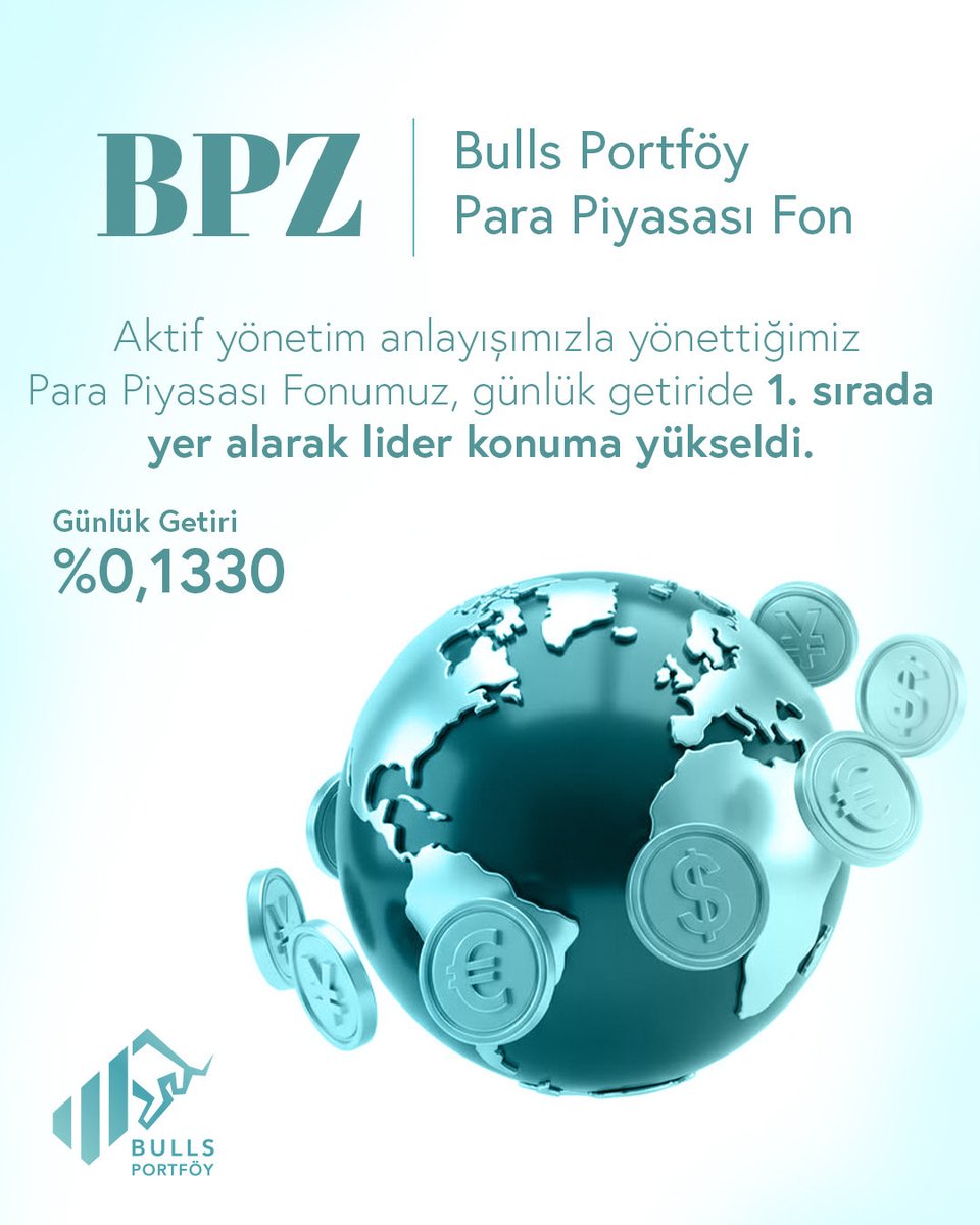 BullsPortfoy's tweet photo. BPZ Para Piyasası Fonumuz günlük getiride 1. sıraya yükseldi! 🥇

Piyasa koşullarına uyum sağlayan aktif yönetim anlayışımız ve farklı para piyasası araçlarına yayılan dengeli portföy dağılımımız ile yatırımcılarımız için sürdürülebilir ve rekabetçi getiri sağlamayı hedefliyoruz. https://t.co/GBJFLtJNjL