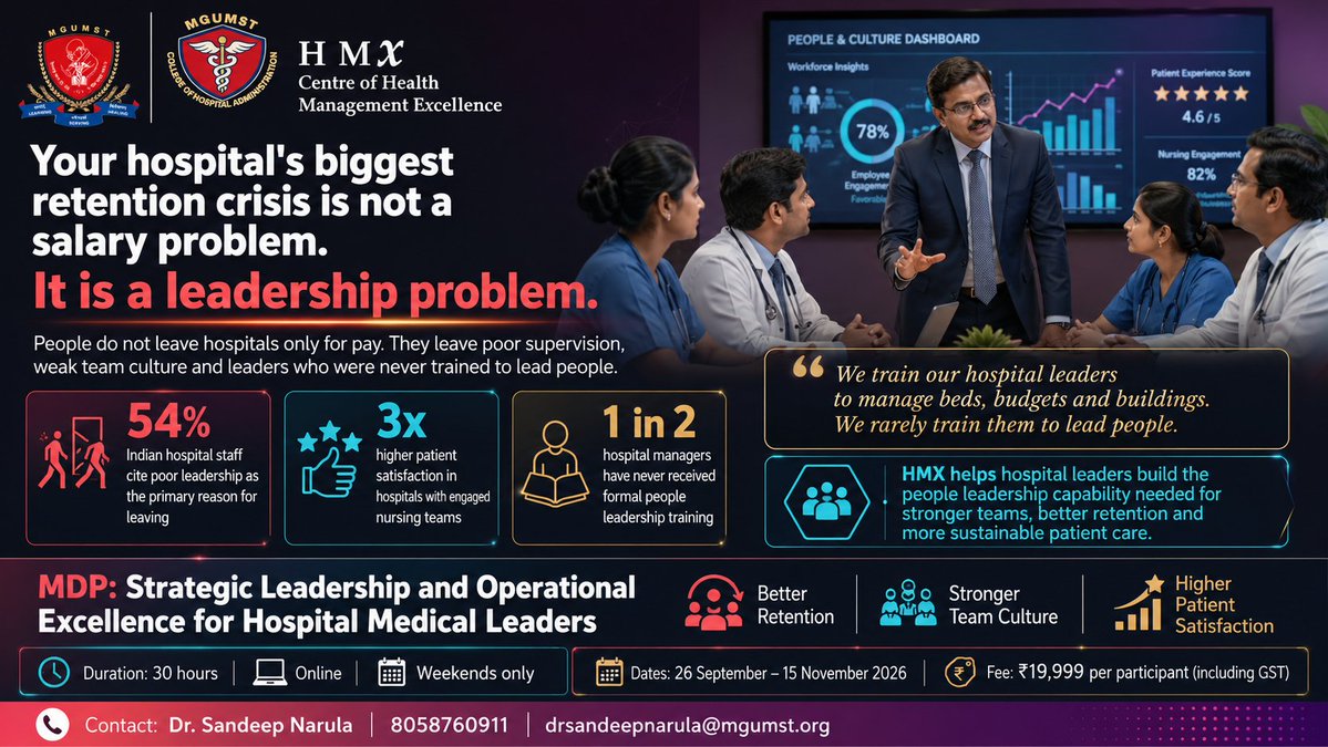 sandeeprt2004's tweet photo. "People do not leave hospitals. They leave leaders. The single greatest predictor of staff retention is not compensation. It is the quality of immediate leadership. #HospitalManagement #HMX" https://t.co/vzUksPLYgL