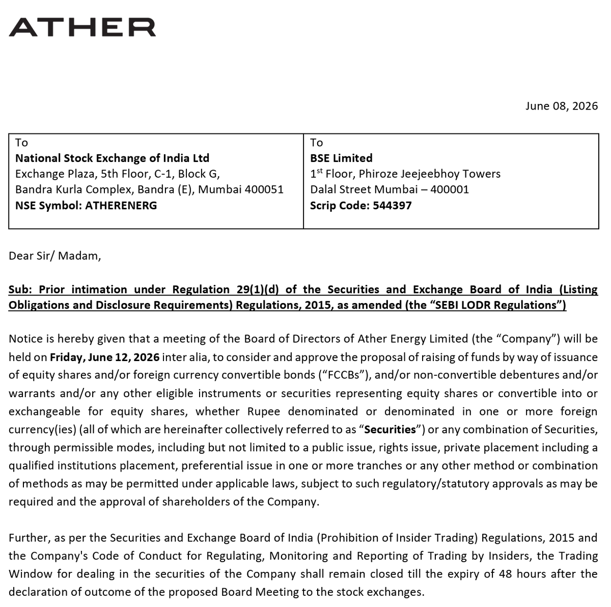thearc_hq's tweet photo. 🚨 Ather Energy's board will meet on Friday to discuss a fresh capital raise.

This comes over a year after the IPO in which Ather raised Rs 2,626 crore in primary capital.

Since the IPO, Ather's share price has tripled, giving it a market cap of Rs 39,000 cr ($4.1 bn). https://t.co/tL0DGsEPbX