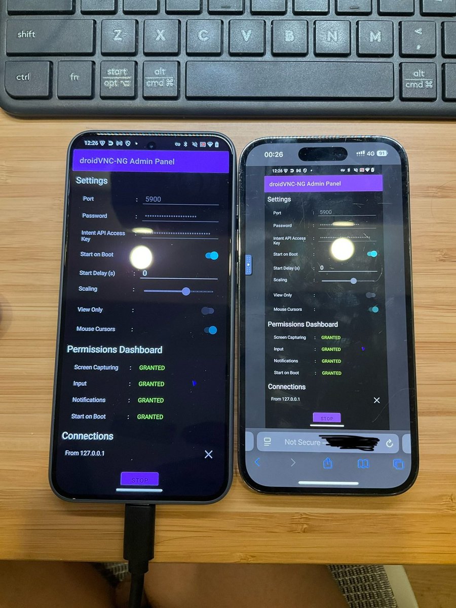 0xYuCry's tweet photo. 把 USB 连接到 Android 手机那一刻，我算是为什么 app -> api 转变了。

开启 debugging 模式之后，codex 把安卓机操作的明明白白的，安装软件，配置，设置。codex 全权对手机无死角访问。就连锁屏密码都能给你取消咯

真的让我感受到了 ”ai 将会是互联网唯一入口" 的感觉。

OK，顺便开源一下 android-remote-browser：

通过 Tailscale、droidVNC-NG 和 noVNC，在 iPhone Safari 中远程控制自有 Android 手机。

别用来干坏事哦