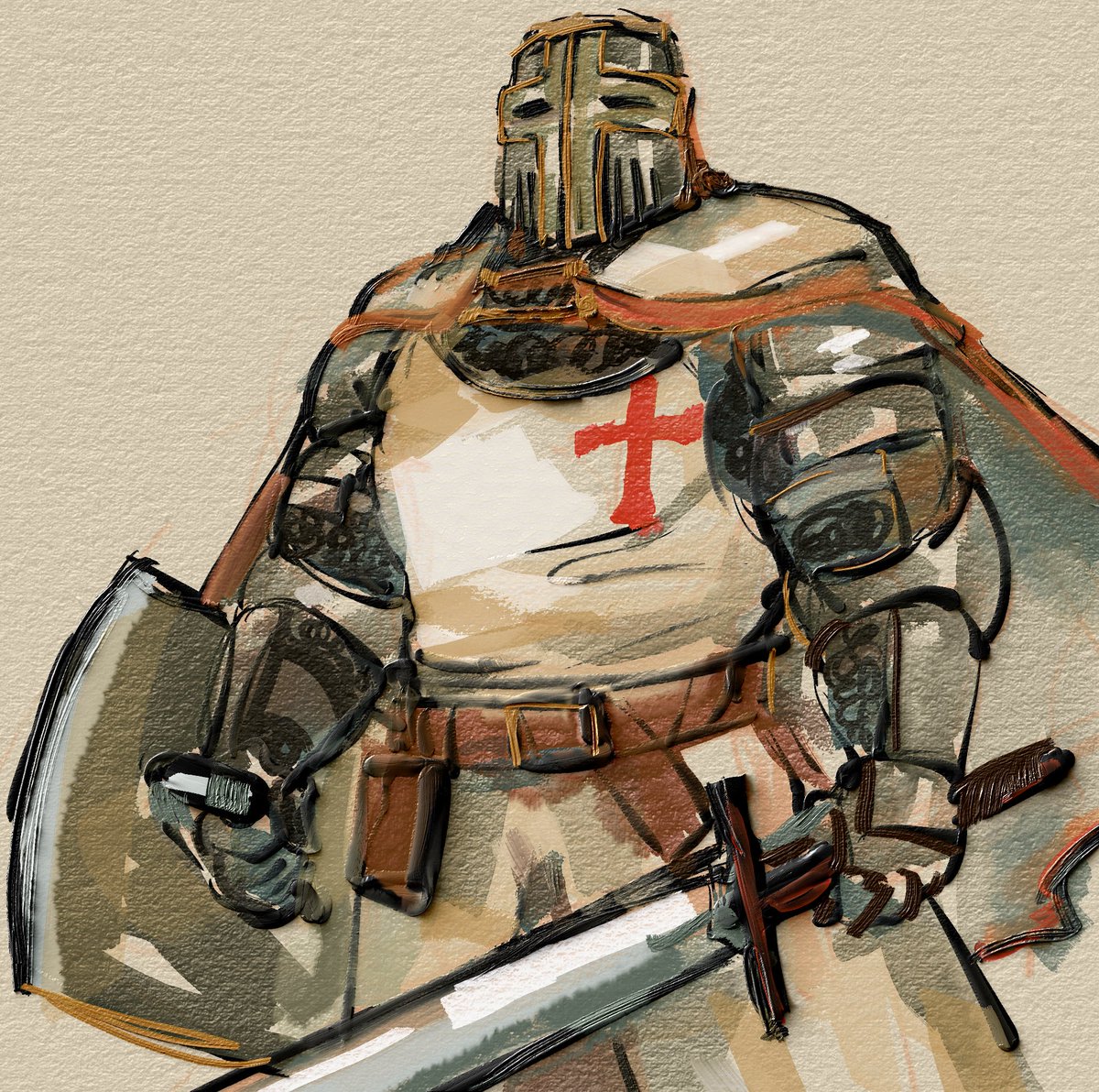 nightmareSyrup's tweet photo. A Big, ok fine... medium-average Buff crusader man. 

Puffy paints for inking, ok, not really. Itsa digital. Puffy paints might actually kill me in my sleep since it's that hard to use 🤣 https://t.co/czsF5KuHgO