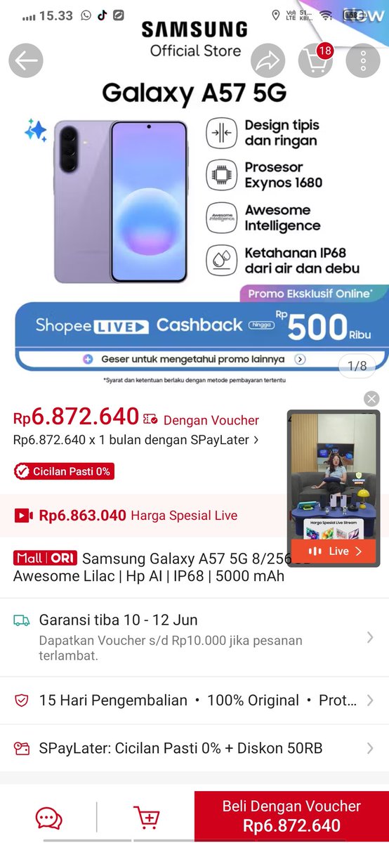 set0beri's tweet photo. @ShopeeID Light &amp; slim designnya Galaxy A57 5G bikin aku berani lakukan hal di mana aja, so #BeraniAwesomewithShopee 😍✨ https://t.co/F6bTeVPQq0