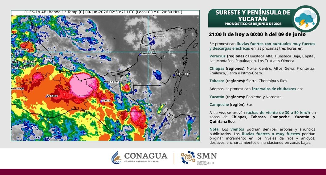 conagua_clima's tweet photo. #Chubascos con #Lluvias fuertes a muy fuertes, #DescargasEléctricas y #Rachas de #Viento de 30 a 70 km/h, se pronostican para entidades del centro, sur, sureste y occidente de #México, así como de la #PenínsulaDeYucatán, en las próximas horas. También se espera oleaje elevado en estados costeros. Ve la información detallada  ⬇️