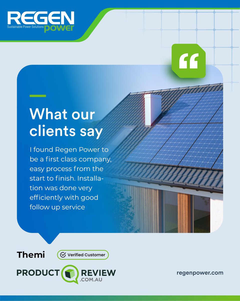 RegenPower2003's tweet photo. I found Regen Power to be a first class company, easy process from the start to finish. Installation was done very efficiently with good follow up service

Themi
from Perth, WA.
ProductReview Verified customer

#RegenPower #CustomerReview #PerthSolar #SolarEnergy #HappyCustomer https://t.co/4xobS2WPQD