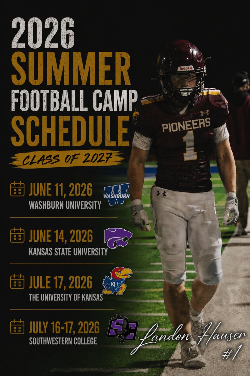 Houseman777's tweet photo. 2026 Prospect Camp Schedule, Landon Hauser RB/LB 2027

@sharp_spelite @IchabodFTBL @KU_Football @KStateFB @BuilderFootball @PrepRedzoneKS @sportsinkansas https://t.co/8v1mzOrmXg