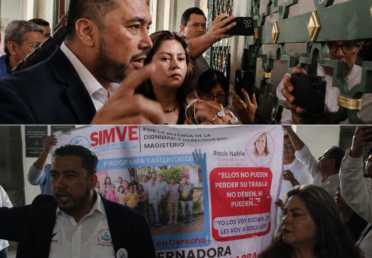 LaClaveonLine's tweet photo. SIMVE protesta afuera de palacio de gobierno durante conferencia de @rocionahle; líder sindical denuncia cese arbitrario por parte de la @SEducacionVer  

https://t.co/2EMqRYHEJM @CEDHVeracruz https://t.co/zwnhTTS0bF