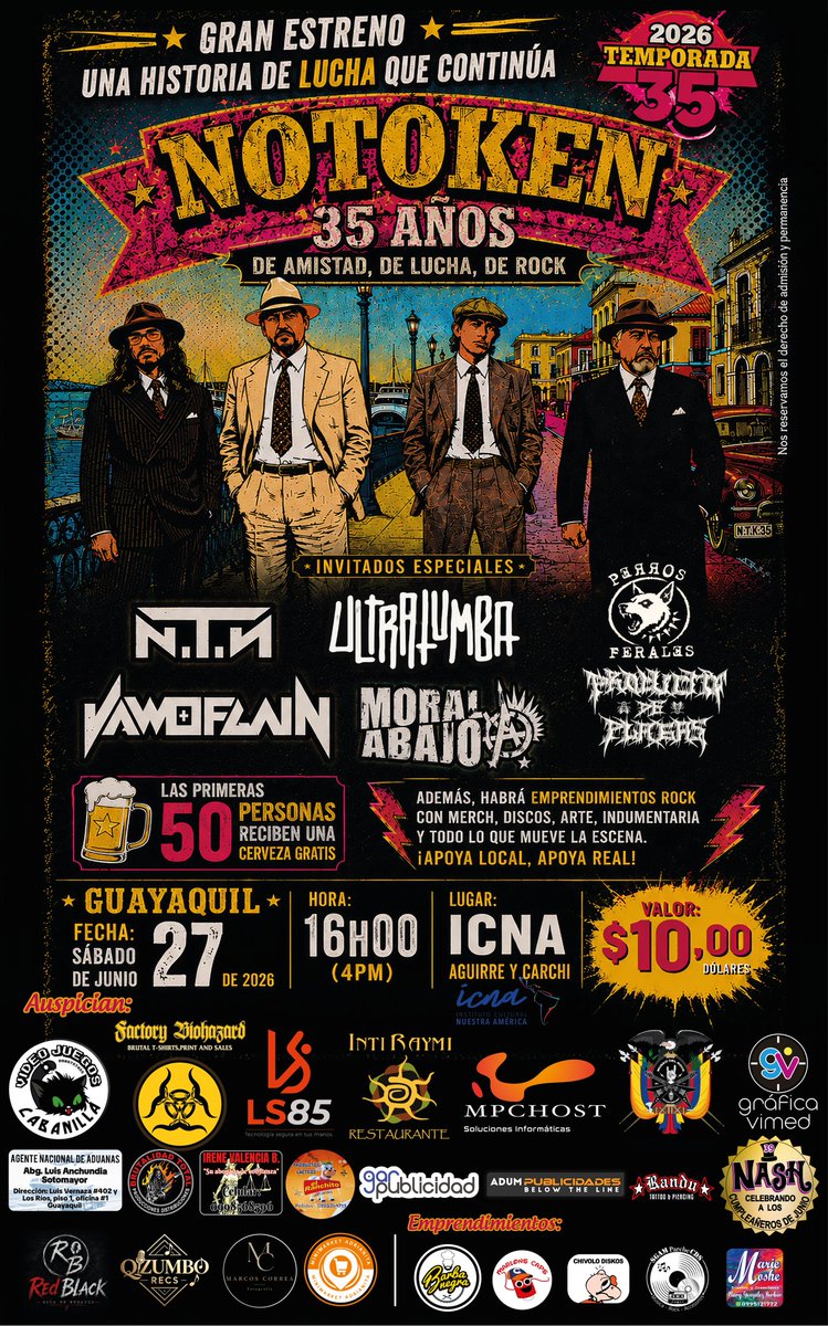 NotokenHC's tweet photo. Ven a celebrar un nuevo aniversario de NOTOKEN, la banda insigne del HC en Ecuador.

NOTOKEN "Temporada 35"
-Guayaquil, Sábado 27 de Junio 2026. 
-Desde las 17h00 (Puntual).
-Sede social del ICNA
(Aguirre y Tulcán)
-Entrada:$10. https://t.co/85eD1lMUdd