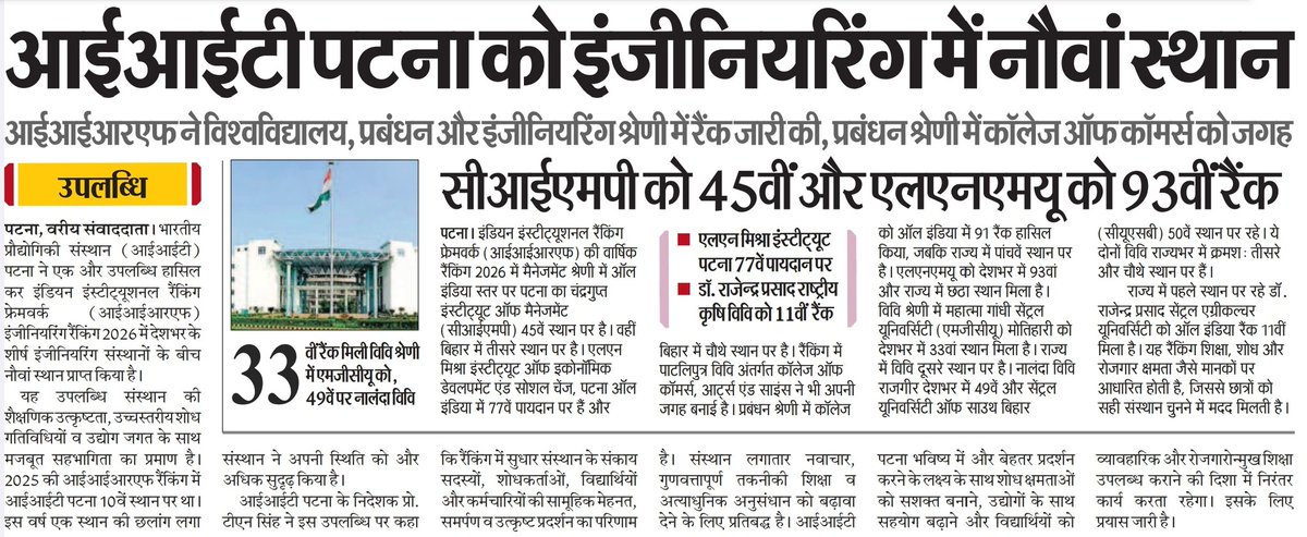 CivilsNetwork's tweet photo. 🚨 IIRF Ranking: IIT पटना को इंजीनियरिंग में नौवां स्थान
#BiharCurrent #Facts #BPSC #BPSSC #BSSC #Bihar #IITPatna https://t.co/sFOsGBwYEp