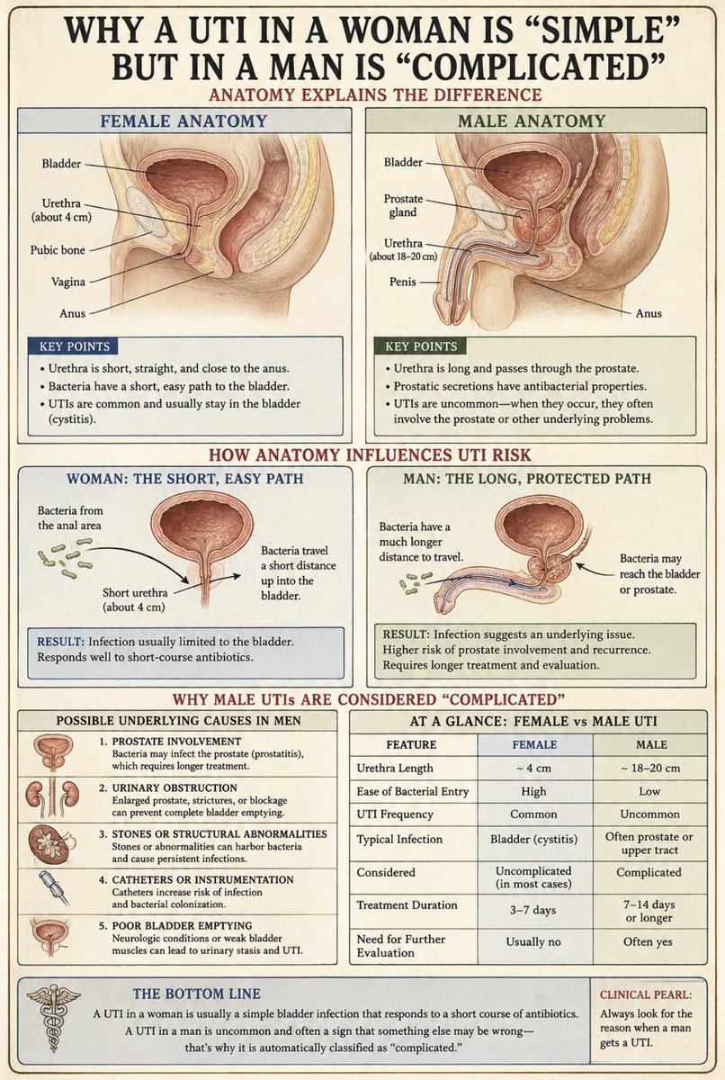 Dr_Shiv_kumar_'s tweet photo. Because the problem usually isn’t the bladder it’s the plumbing.

In women:- Most UTIs are simple ascending infections. The female urethra is short, bacteria have an easier path to the bladder, and a brief course of antibiotics is often enough.

In men :- a UTI is uncommon to begin with. The longer urethra and antibacterial properties of prostatic secretions provide natural protection. So when a man develops a UTI, clinicians worry there’s an underlying issue: prostate involvement, urinary obstruction, stones, structural abnormalities, catheters, or poor bladder emptying.

In other words, a UTI in a woman is often the disease itself. A UTI in a man is often a clue that something else may be wrong.