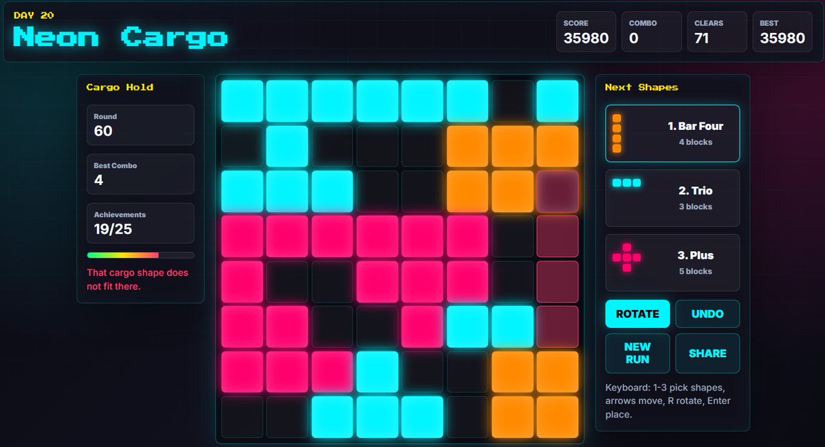 whoschadwick's tweet photo. Game 20/30 - Neon Cargo - Pack neon cargo shapes into an 8x8 hold, clear rows and columns, and beat the high score.
https://t.co/UHyXNoH78t https://t.co/rTHPWaRKx9
