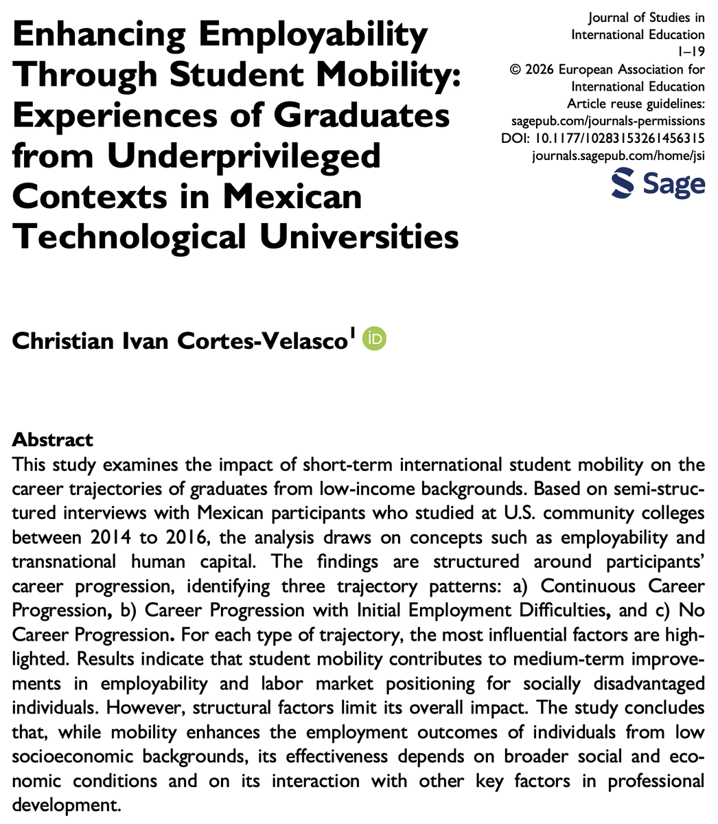 jsinted's tweet photo. Enhancing #Employability through #StudentMobility: experiences of graduates from underprivileged contexts in Mexican technological universities

Christian Ivan Cortes-Velasco

→ https://t.co/FWdyEeNR1c

#InternationalStudents #CareerDevelopment #HumanCapital #StudyAbroad 🇲🇽🇺🇸 https://t.co/KyT8dFYKRL