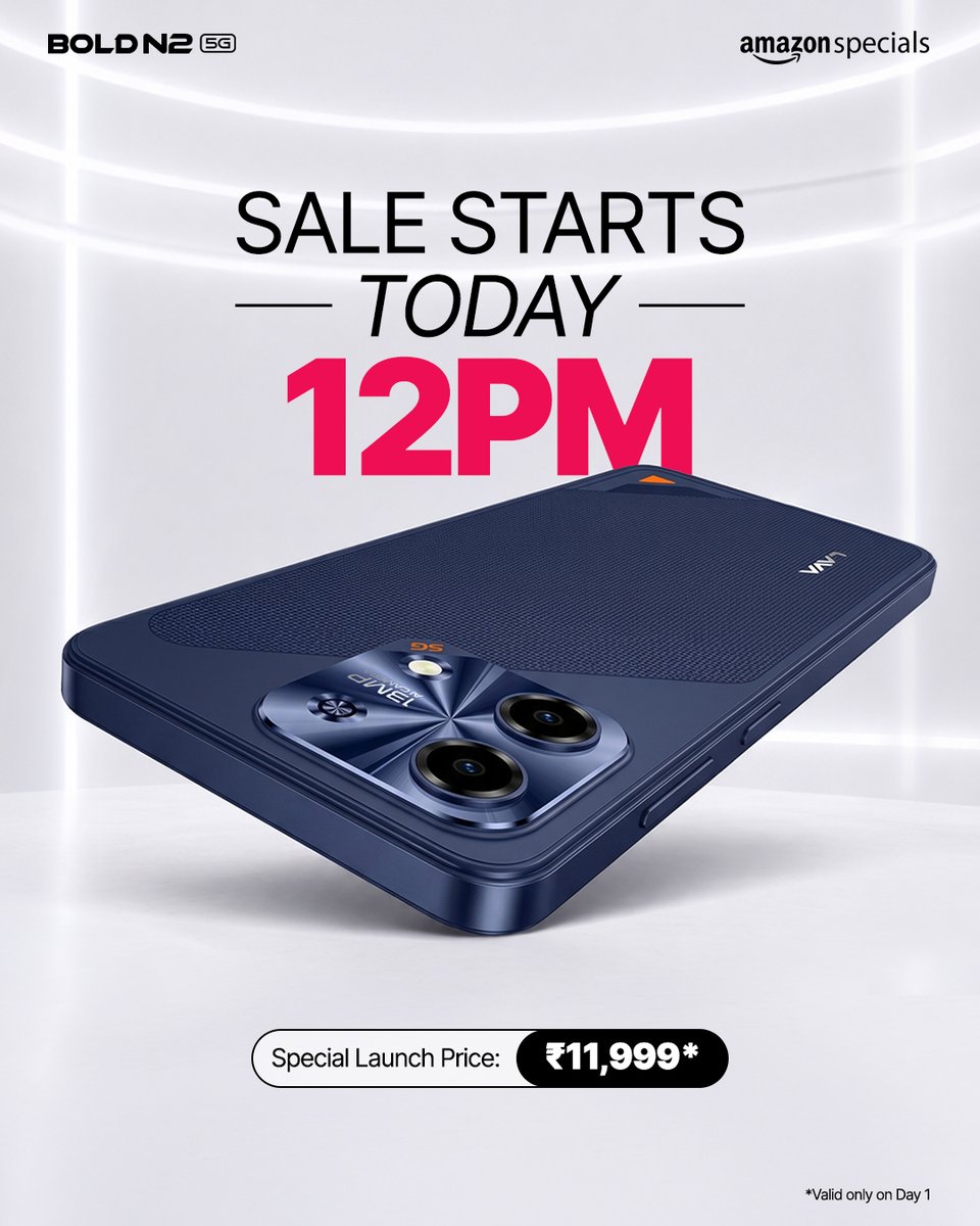 LavaMobile's tweet photo. Sale going live today at 12PM⚡

Bold N2 5G drops at just ₹11,999*
No gimmicks. No clutter. No BS.

Notify Me:  https://t.co/JIE78HnJgz

*Valid only on Day 1
#NoBullshit #NoBloatware #LavaMobiles #Amazon https://t.co/pz8Ql32gmx