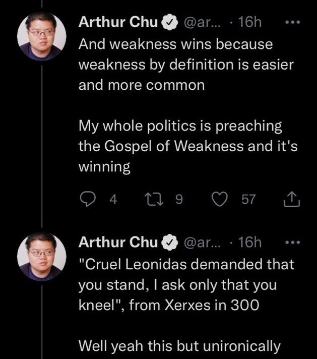 QuetzalPhoenix's tweet photo. Reminder that this is a feature of leftism, not a bug.

If you dont believe me, Arthur Chu is a literal bug man and he lays it out very clearly: https://t.co/821IpreK8T