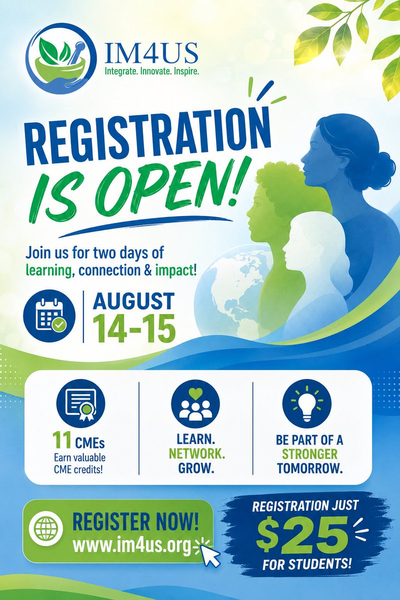 IM4USorg's tweet photo. 🚨 Registration is OPEN for the IM4US 2026 Annual Conference!

✅ 11 CMEs
🎓 Students just $25
🌎 Virtual attendance available
🎤 Keynote: Dr. Wayne Jonas
📅 Aug. 14–15, 2026
Register now: https://t.co/9HKc1dHT6r

#integrativemedicine #CMES #medstudent #healthequity https://t.co/2COZWAJgXF