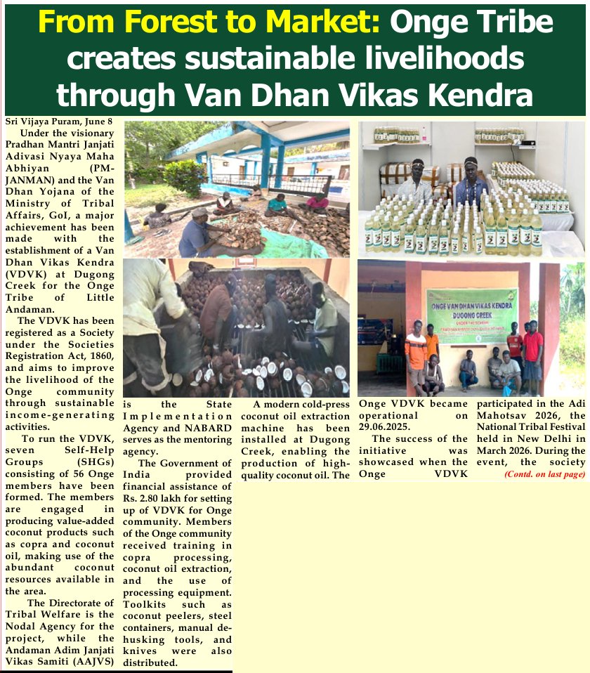 Andaman_Admin's tweet photo. #NewAndamans
#Onge Tribe of #LittleAndaman creates sustainable livelihoods through Van Dhan Vikas Kendra under #PMJANMAN and the Van Dhan Yojana of @TribalAffairsIn Seven #SelfHelpGroups consisting of 56 Onge members are engaged in producing value-added coconut products such as #Copra and #Coconut oil, making use of the abundant coconut resources available in the area.