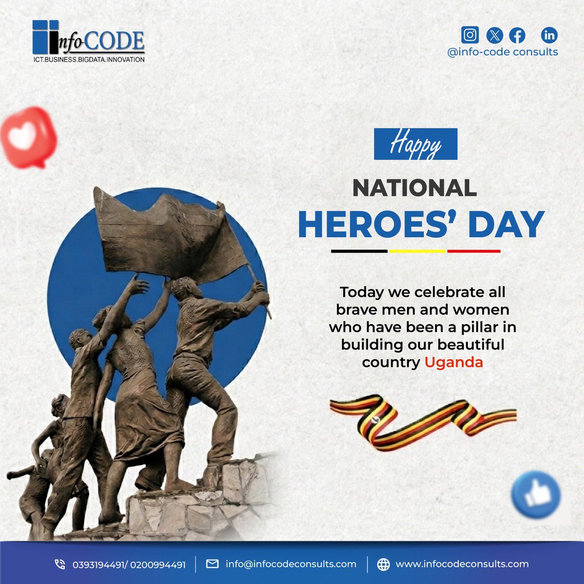 ConsultsCode's tweet photo. Happy Heroes’ Day Uganda! 🇺🇬 We honor the courage, sacrifice and dedication of the men and women who shaped our nation.

@GovUganda @Parliament_Ug @MoICT_Ug @NITAUganda1

#UgandaHeroesDay #HeroesDayUG #ProudlyUgandan #CelebrateUganda #UgandaAtHeart 🇺🇬 https://t.co/HiEH24jKYp