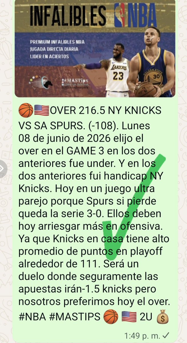 MASTIPSFreepick's tweet photo. #NBA ACERTADO infalible nuevamente todos acertados de final 

Fuimos over 216.5 🏀✅️💰🇺🇸

#MASTIPS #Freepicks #teamparieur #parlay #picks https://t.co/EA09INnxQQ