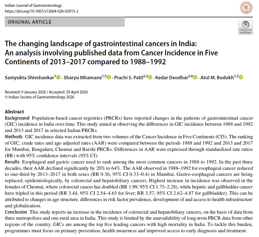 CceTmc's tweet photo. Congratulations to CCE team. Article on GI #cancer has reported that colorectal &amp; hepatobiliary cancer are increasing in 2013-17 as compared to 1988-92. To tackle this problem, program must focus on primary #prevention as well as easy access to diagnosis &amp; treatment https://t.co/W0CZ7DYYN6
