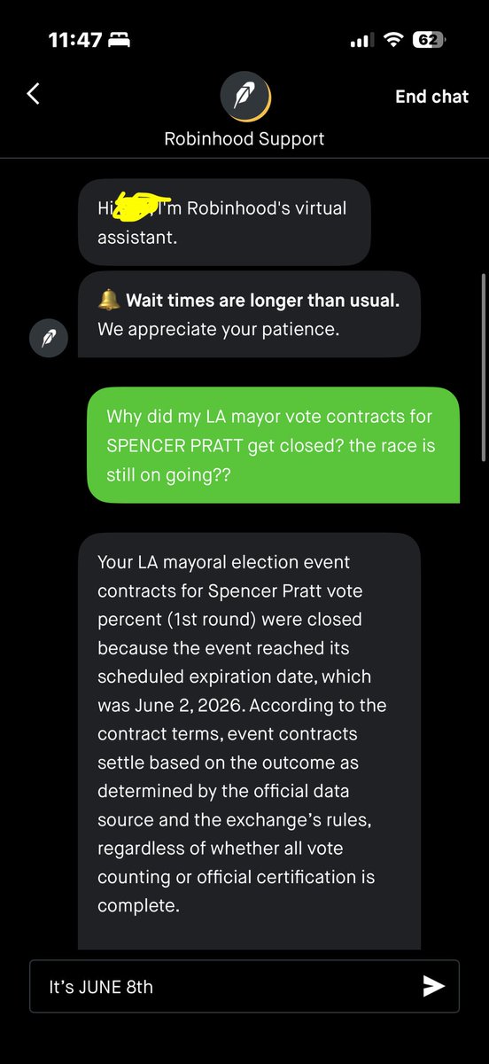 OMightyLegend's tweet photo. @RobinhoodApp Just closed all my LA mayor contracts for @spencerpratt even though the race is on going… reason for it was from “official sources” and the June 2nd deadline EVEN THOUGH PRATT was in the lead on JUNE 2nd!!

WTF ROBINHOOD?! https://t.co/8qcxo7EfGO