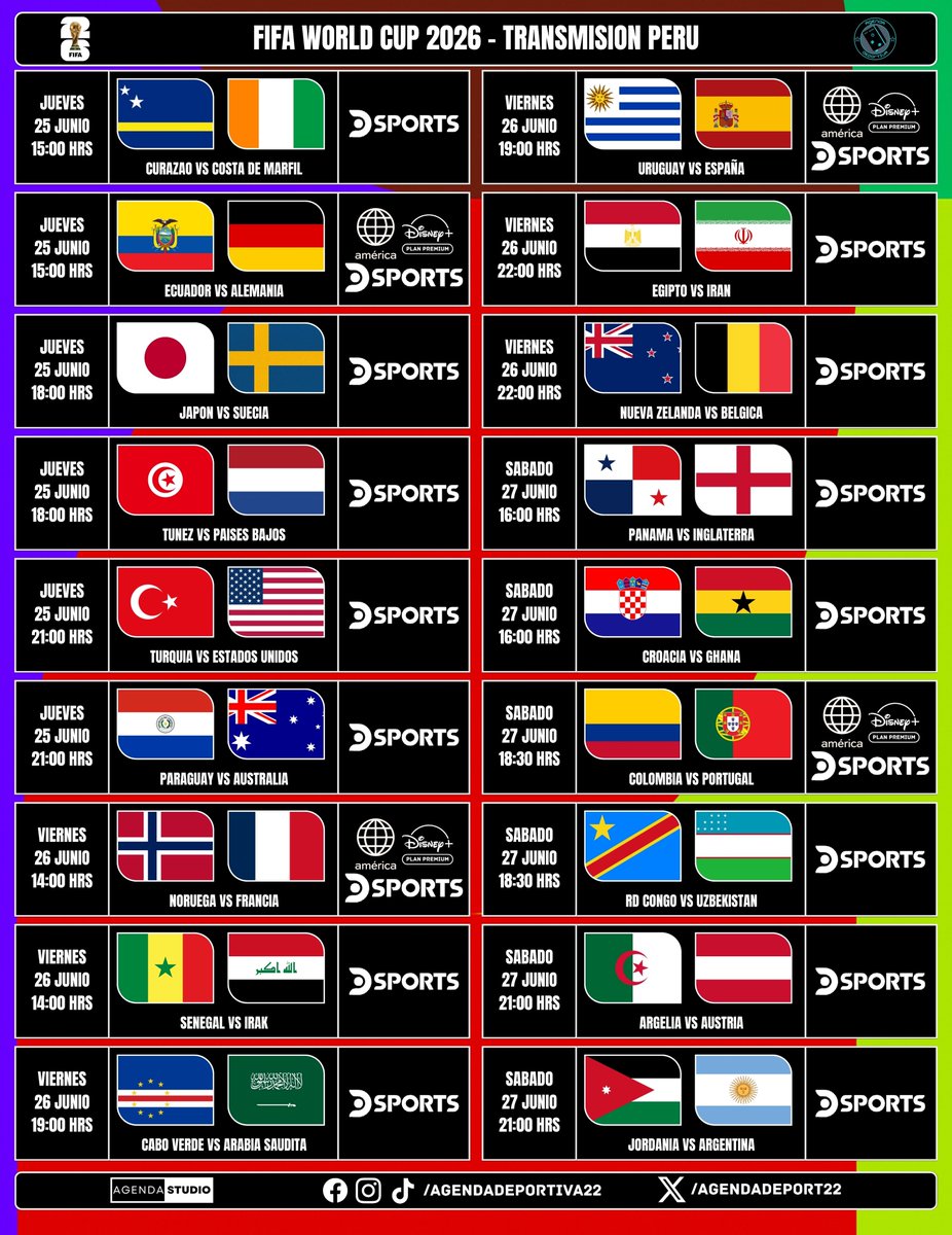 AgendaDeport22's tweet photo. Continuamos nuestro camino por Perú 🇵🇪 
Transmite: #DSports todos los partidos  
Ciertos partidos por #AmericaTv y #AmericaTvGo 
⏱️ Zona Horaria de Lima 
⚠️Programación Sujeta a Cambios⚠️
#FIFAWorldCup2026 
#AgendaDeportiva https://t.co/LdFkkzOogu