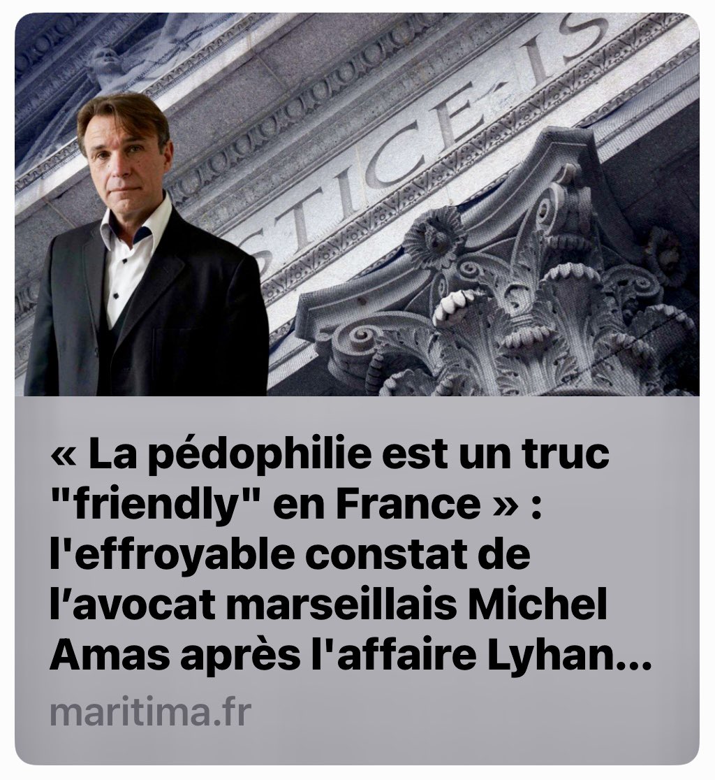 michel_amas's tweet photo. " il n'y a aucune politique globale de lutte contre la pédophilie"

Michel AMAS
« La pédophilie est un truc "friendly" en France » : l'effroyable constat de l’avocat marseillais Michel Amas après l'affaire Lyhanna
https://t.co/bH8vYyPYY2 https://t.co/GjMq6XBX4d