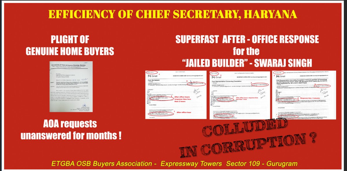 BuyersOsb's tweet photo. @cmohry @NayabSainiBJP ji will you take this responsibility of the mischief in @csharyana office ? Is the @csharyana @TCP_HARYANA aware that their office works after working hours and emails of common man are routed without remarks of CS/ACS to #RERA within few hours of reciept or is it some mischievous act by their PA/Clerks without the knowledge of the Officer. #ShashankSaxena of #RERAGurugram makes urgent/prioritise remarks and puts up to Chairman/Secretary RERa. They act on this letter in few hours which is against the interest of allottees. What is going on on in @csharyana @TCP_HARYANA and #RERA is there any accountability or are the PAs being bought to forward emails by the builder lobby. This issue needs a detailed investigation by DE and the people responsible needs to be punished. Also the 33 builders people who acted as buyers are hand in glove and suitable disciplinary action be initiated against them. @cmohry @mlkhattar @NayabSainiBJP @Ajaygaurbjpfbd @SVBHaryana