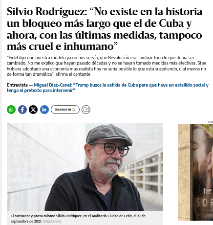 cubainformacion's tweet photo. Silvio Rodríguez: “No existe en la historia un bloqueo más largo que el de Cuba y ahora, con las últimas medidas, tampoco más cruel e inhumano” https://t.co/7A2uDFQypt https://t.co/adqCMzBKQ7